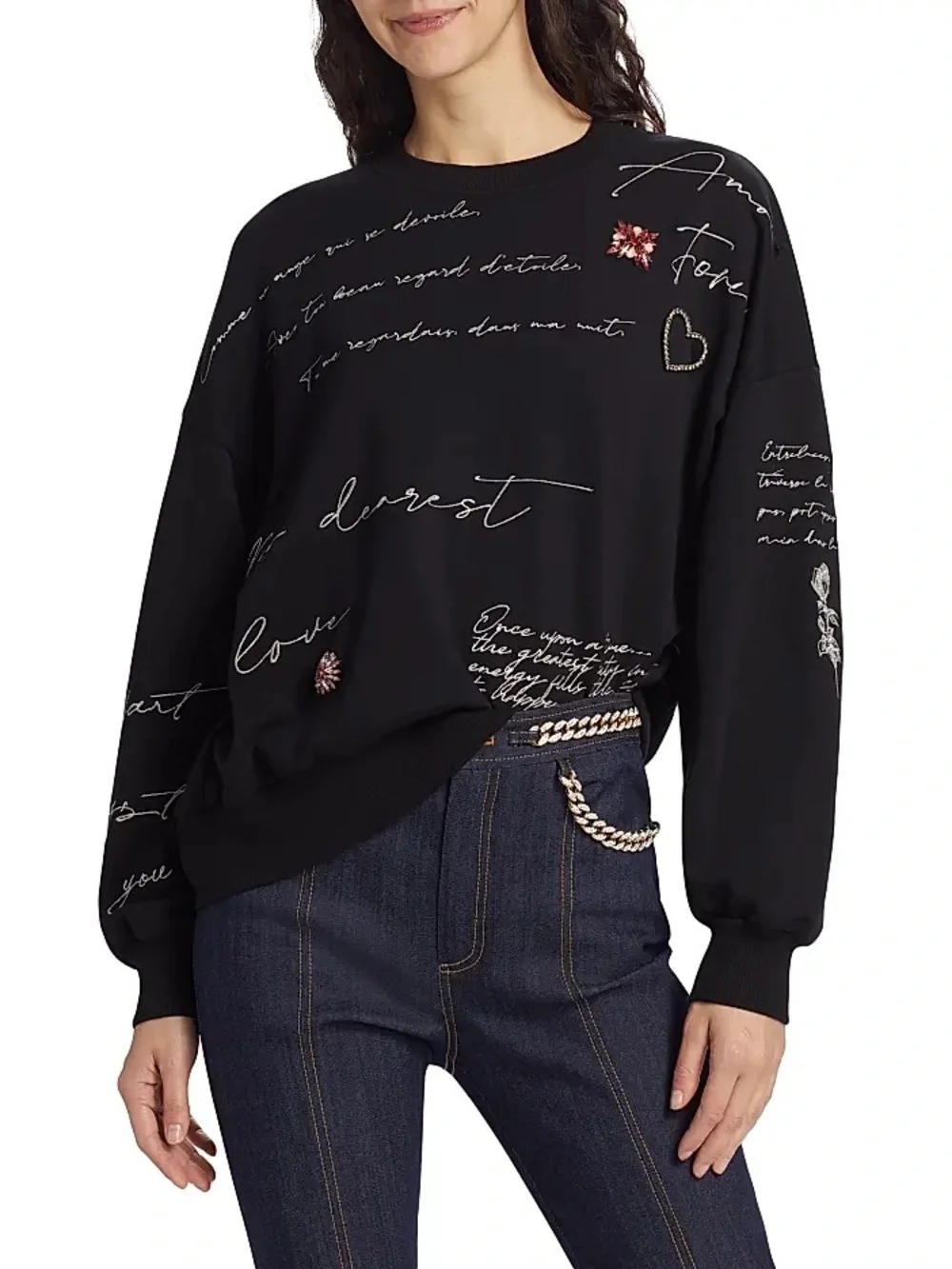 Cinq à Sept Embellished Sweatshirt Mon Amour Brandy Women’s S Black Crew Cotton.